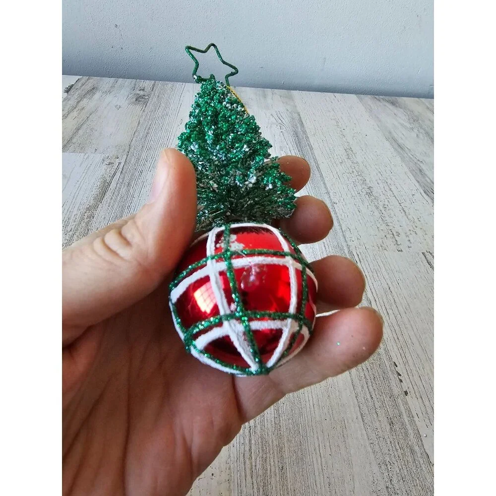 Roman Glitter tree ball ornament unique Xmas sparkle red green plaid striped sta